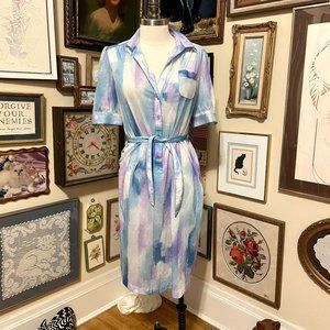 80s Vintage California Looks Blue White Purple Watercolor Short Sleeve Dress wit